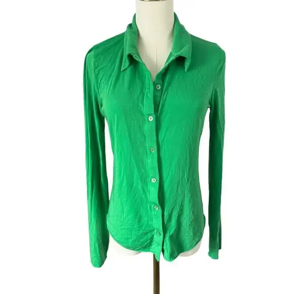 Wilfred Aritzia Pose Green Button-Up Shirt Tencel Lyocell Demure Bold Maximalist - Picture 2 of 13